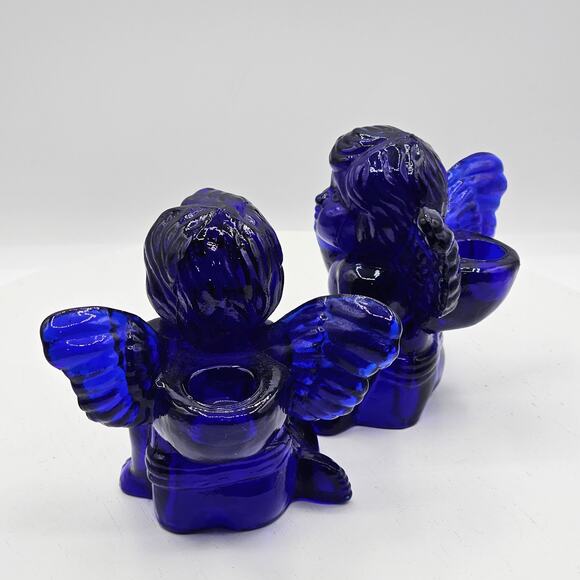 Vintage Cobalt Blue Glass Angel Candlestick Holders Angel on Knees Figurines - Picture 5 of 8